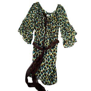 Milly Chiffon Animal Print Bell Sleeve Dress with Belt Size 4